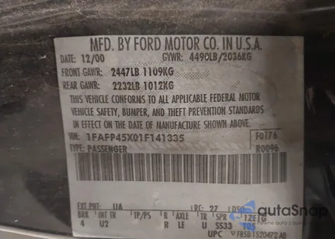 2001 Ford Mustang Gt z USA, uszkodzony, nr VIN 1FAFP45X01F141335